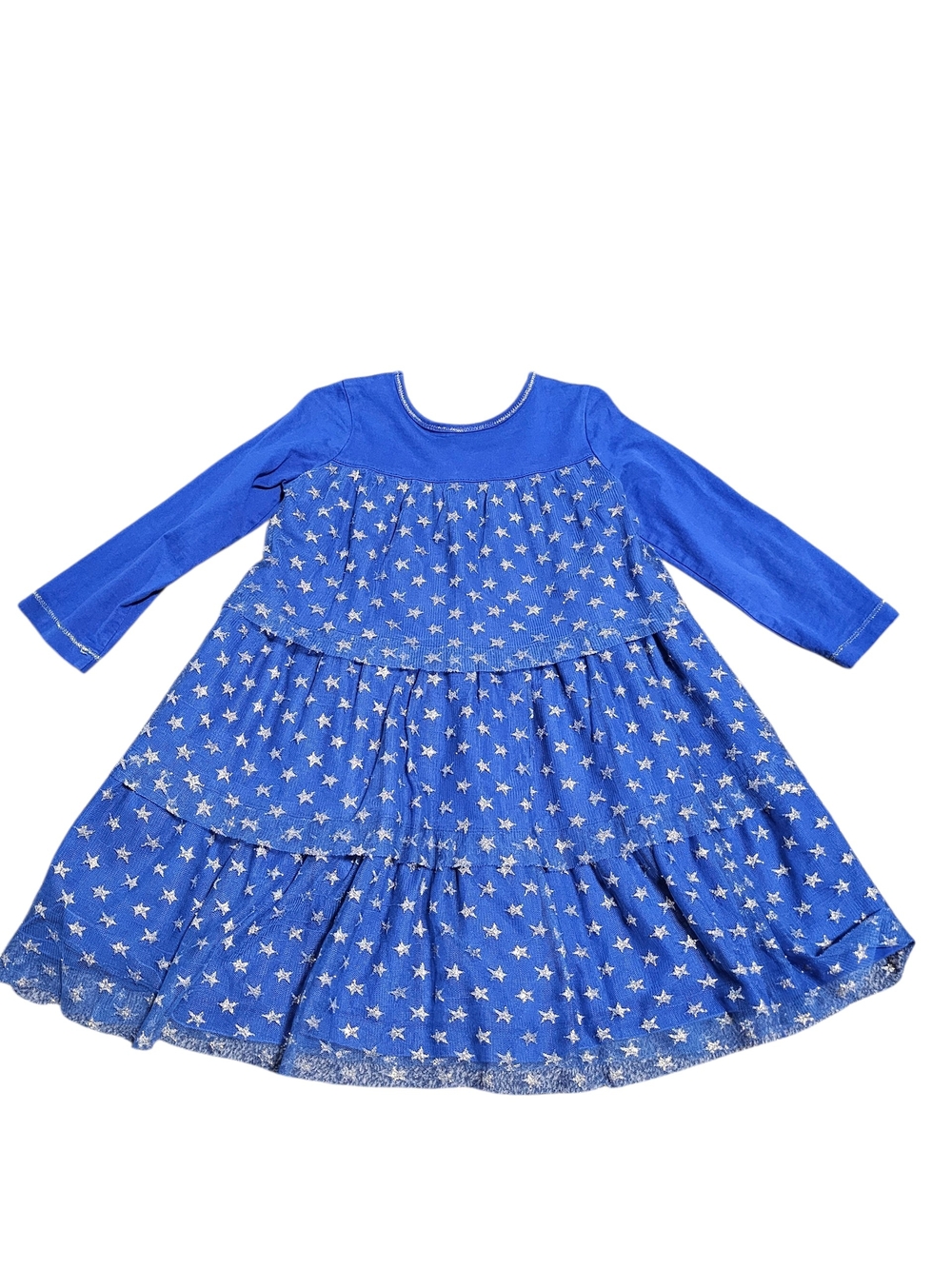 Hanna Andersson blue sparkle Star-Print Long Sleeve Tiered Dress 100 4